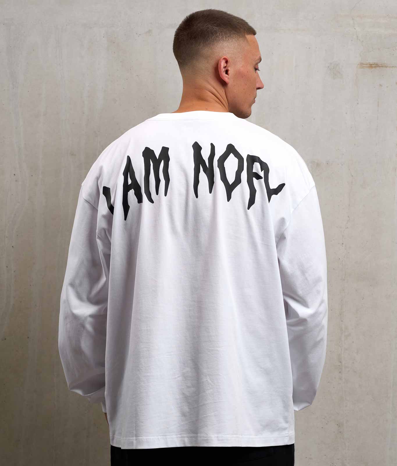 NOFY Gym Longsleeve Herren Weiß mit I Am NOFY Backprint, Rückenansicht