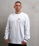 NOFY Gym Longsleeve Herren Weiß Oversize Pumpcover, Frontansicht mit Logo
